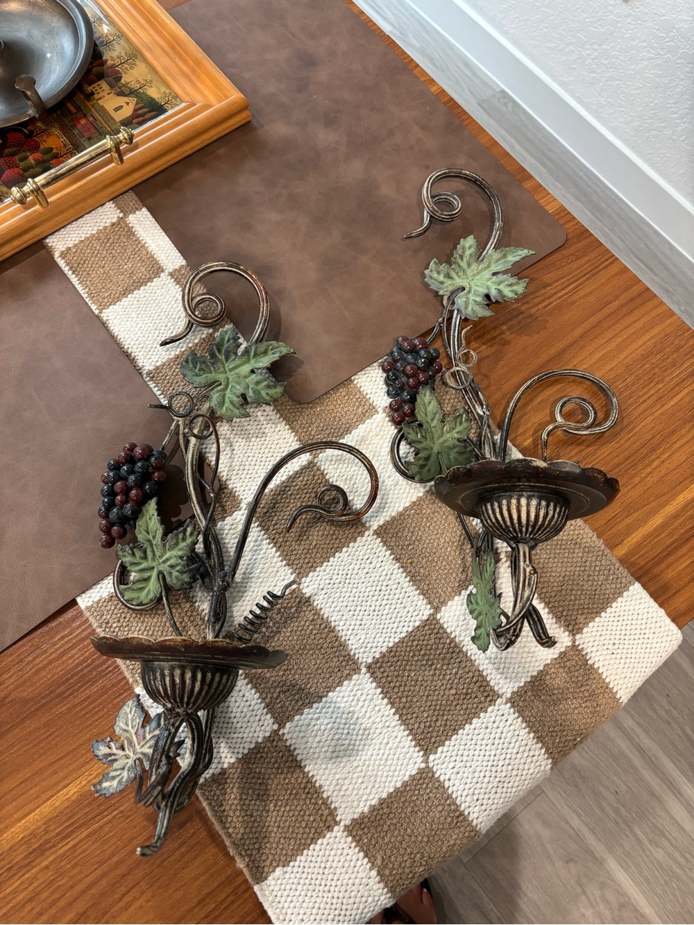 Pair of Vintage Italian Grapevine Wall Sconces - Rustic Bronze and Green